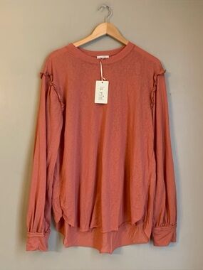 La Miel Salmon Raw Hem Blouse  Boho Ruffle Lightweight Long sleeve T Shirt Coral